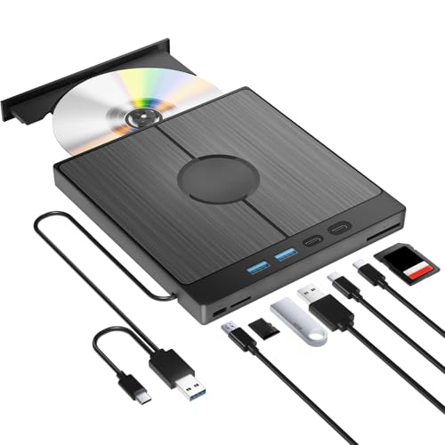 Reproductor grabador de CD/DVD externo 7 en 1,USB 3.0 tipo C CD/DVD +/ RW Grabadora de DVD con lector de tarjetas SD/TF, Delgado Transmisión Rápida Cable USB Integrado para Windows 11/10/8/7/XP Vista