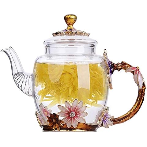 YBK Tech Creative Flower Glass Teapot Crystal Glass Teapot for Kung Fu Tea, Good Gift for Sister, Mom, Grandma, Teachers (Chrysanthemum (Gold handle)) Cover