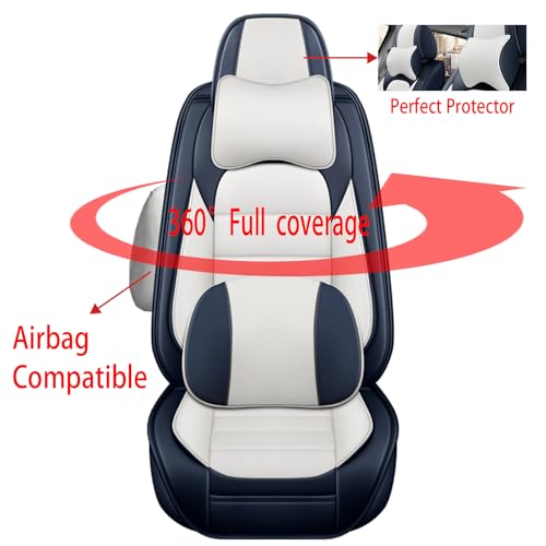 Image of Fit for Sedan SUV Pick-up Truck,Automotive,Ice Slik Nappa Leather Car Seat Covers,Waterproof Durability Washable Seat Covers,5 Seat Complete Set Luxury Car Seat Cover(Blue & White)