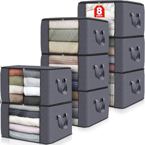 Image of Fab totes Storage Bags,Clothes Blanket Storage Bins Foldable Closet Organizers with Reinforced Handle for Home Dorm Storage and Organization,Fabric Bags for Organizing Sheets,Clothing (Grey,8 Pack)