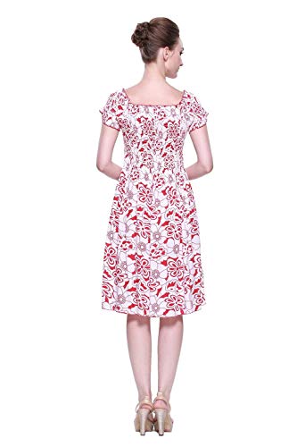 Women's Hawaiian Elastic Top Short Sleeve Dress In White With Red Floral #TOP1