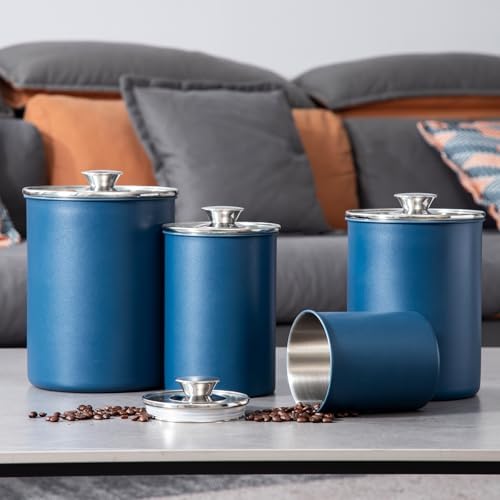 Stainless Steel Food Canister Set of 4-Piece, 16/49/85/132 Ounces,Airtight Containers with Glass Lid for Tea,Coffee,Sugar,Flour,Pantry Kitchen Storage Storeroom Counter (Blue) - Thumbnail 4