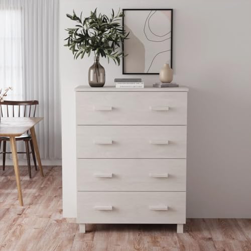 GeenYuu HAMAR White Sideboard - 79x40x103.5 cm Solid Pine Wood Storage Cabinet with 4 Smooth-Gliding Drawers, Modern Buffet for Dining Room or Entryway