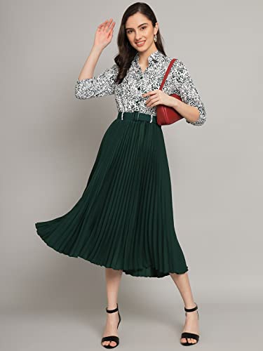 Kzully Women's Print 3/4 Sleeve Pleated Midi Dress With Belt Green