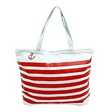 Schneller Versand KIRALOVE Strandtasche für damen - schulter - gestreift - anker - strand - schwimmbecken - canvas - groß - canvas - reißverschluss - weiße und rote farbe