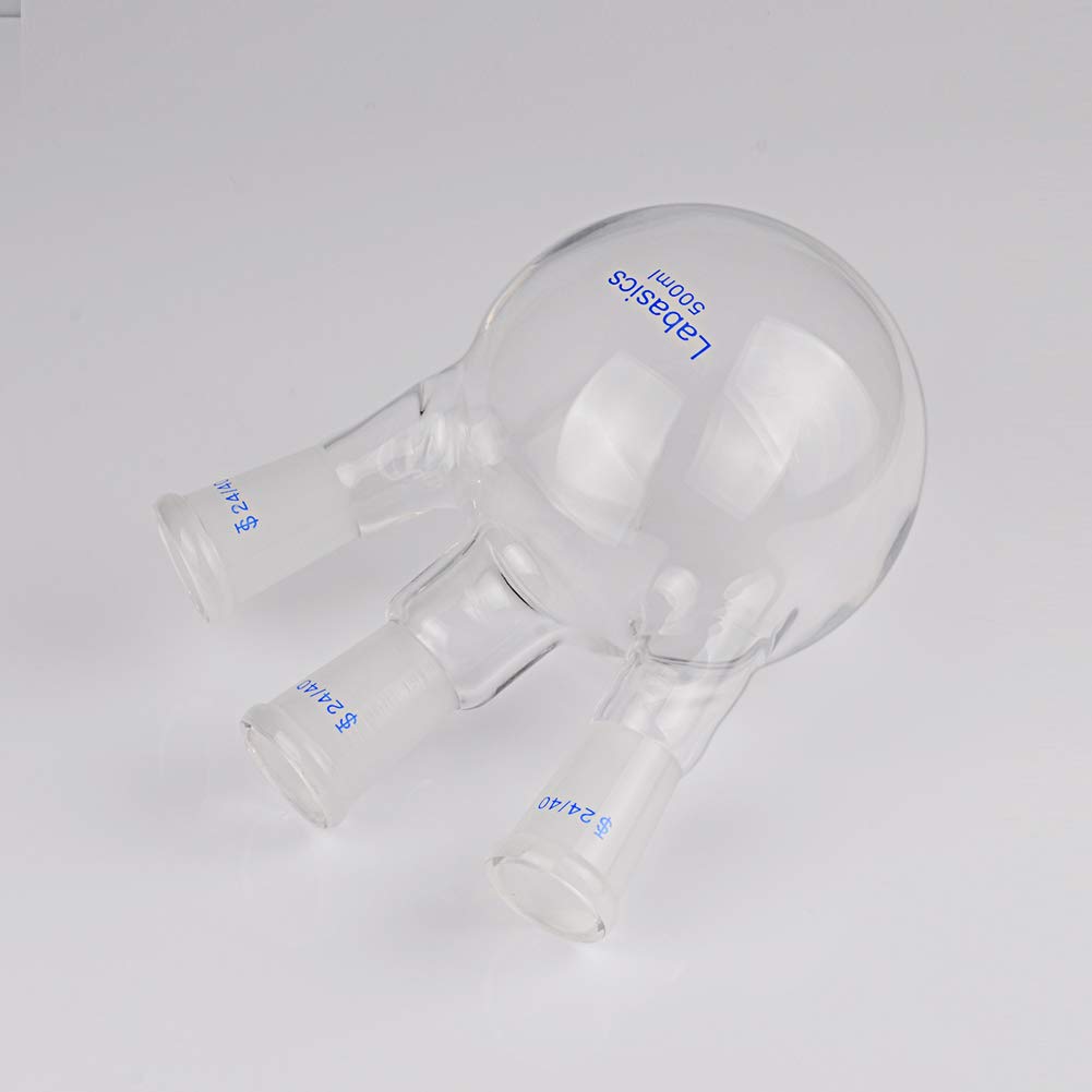 Labasics Glass 500ml 3 Neck Round Bottom Flask RBF, with 24/40 Center and Side Standard Taper Outer Joint, 500ml