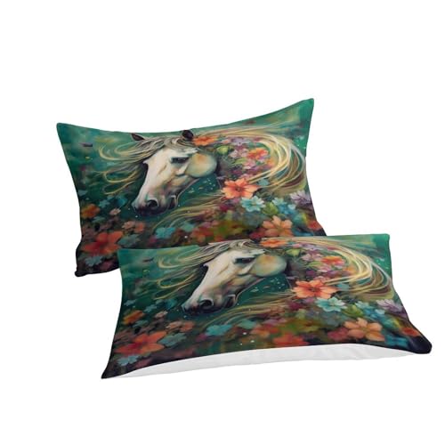Housse de couette fleurs et chevaux impression 3D parure microfibre zippée