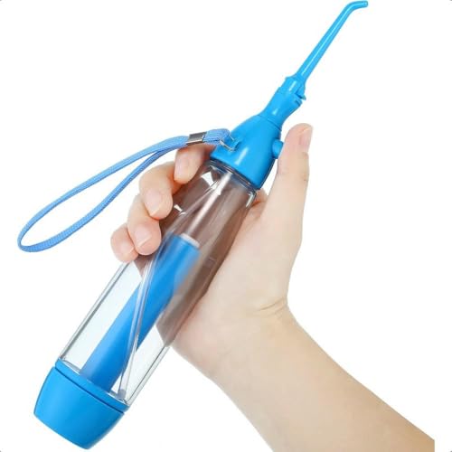 ZBDZSW Irrigador bucal portátil Agua, Limpiador Dental inalámbrico, depósito Transparente, Correa Azul, Manual, para Uso doméstico y de Viaje.