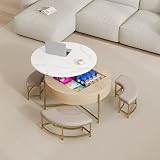 Merax Modern Round Lift-Top Coffee Table with Hidden Storage & 3 Ottoman, White + Natural