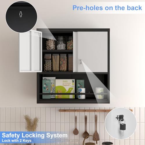 Image of Garage Locking Cabinet, Wall Storage Cabinet with Shelves, Hanging Cabinets with Open Storage, Small Wall Cabinet, Lockable Tool Cabinet for Basement, School, Office