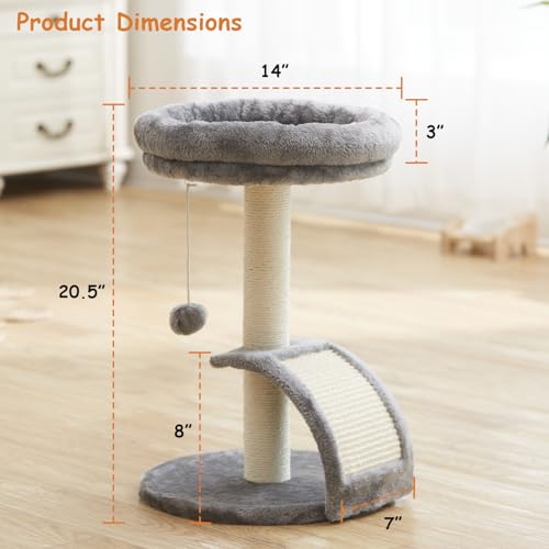 Goozii Small Cat Tree Tower with Scratching Post, Modern Kitten Tower for Indoor Cats, Short Carpet Sisal Cat Scratcher Stand with Large Bed Perch, Scratch Ramp, Toy Ball for Kitty Play (Grey) - Thumbnail 6