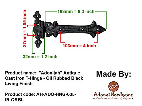 Image of Adonai Hardware Adonijah Antique Cast Iron Strap T Hinge (7.9 inch x 12 Pack, Oil Rubbed Black Living) for Barn Doors, Gates, Kitchen Cabinets, Sheds, Wooden Box, Furniture, Chest and Trunks