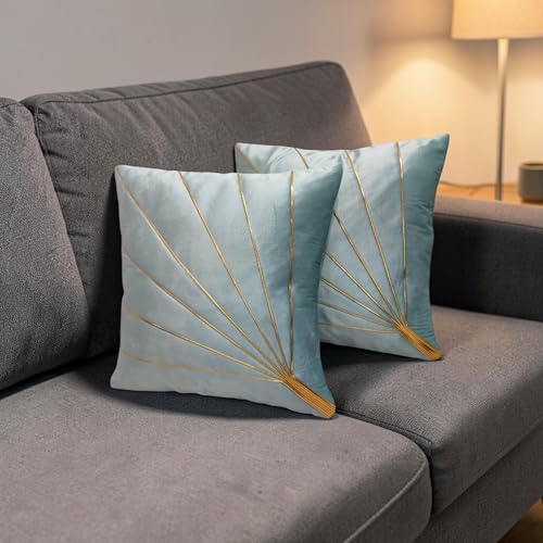 Image of Home Velvet Cushion Cover with Golden Stripes, Aqua Pack of 5, 16x16 to 26x26 Inch (Aqua, 20x20in)