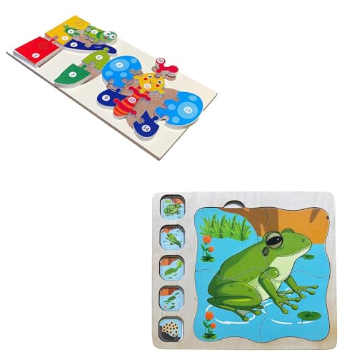 Image of Butterfly Life Cycle Wooden Puzzle for Kids, Butterfly Transformation Puzzle, Ages 2+ | Frog Life Cycle Layer Interactive Puzzle to Learn Frog Lifecycle | Combo Pack of 2