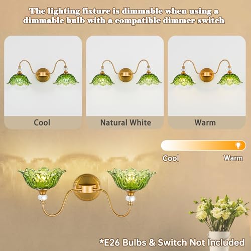 Image of Vintage Bathroom Vanity Light, 2-Light Matte Brass Finish Vanity Light with Floral Green Glass Shades, Retro Wall Sconce for Bathroom, Dressing Table