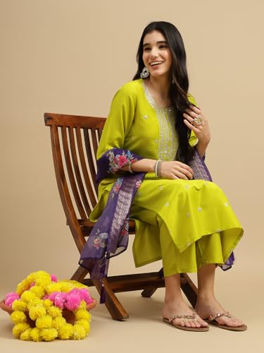 Image of J TURRITOPSIS Women's Embroidered Chinon Kurta and Pant with Dupatta Ethnic Set (414-03-XL Neon)