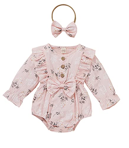 2Pcs Infant Baby Girls Romper Headband 0-24M Ruffles Long Sleeve Off Shoulder Flowers Printed Jumpsuit Clothes (Pink-Daisy, 6-9 Months) #TOP23