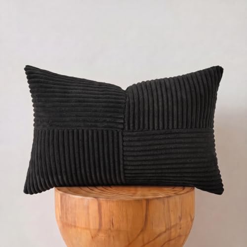 Image of Fancy Homi 2 Packs Black Lumbar Decorative Throw Pillow Covers 16x28 Inch for Living Room Couch Bed Sofa, Rustic Farmhouse Boho Home Decor, Soft Striped Corduroy Rectangle Accent Cushion Case 40x70 cm