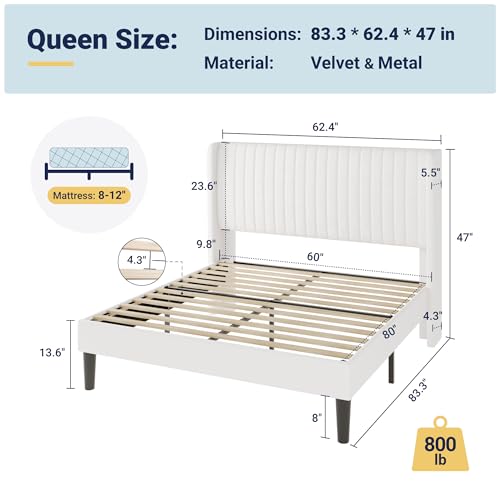 Image of Allewie Queen Size Velvet Bed Frame /Vertical Channel Tufted Wingback Headboard /Upholstered Platform Bed /Strong Wooden Slats /No Box Spring Needed /Easy Assembly /White