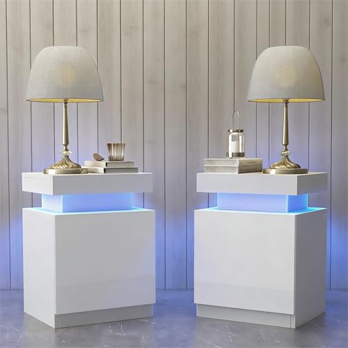 OneBlis Nightstands Set 2, 17 Inches Modern Bedside Table with LED Lights, LED Night Stand Set of 2, High Gloss Surface, Side Table with Storage for Bedroom, White