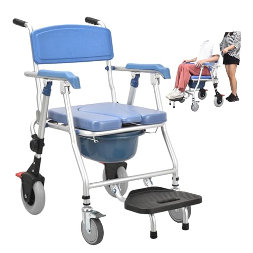 Chaise de douche à roulettes pliable 3 en 1 pour toilettes et douches Bleu Fauteuil roulant pour douche Siège souple pour personnes âgées et handicapées