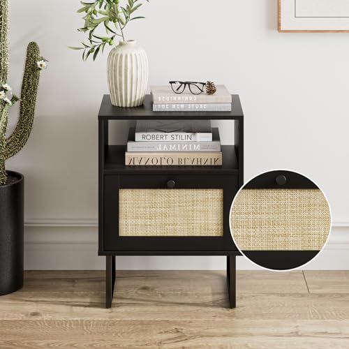 Image of Masupu Rattan Nightstand,Modern Boho Farmhouse Wood Bedside Table with Storage Drawer and Open Shelf,Small Black Frame Side End Table for Bedroom,Living Room,Office (Black)