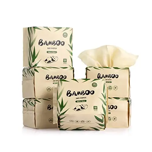 LEKOCH 300 Sheets Organic Bamboo Disposable Makeup Remover Dry Wipes For Sensitive Skin, Ultra Soft for Baby Care, Facial Cleansing, and Personal Hygiene 6 Packs 50pcs/Pack