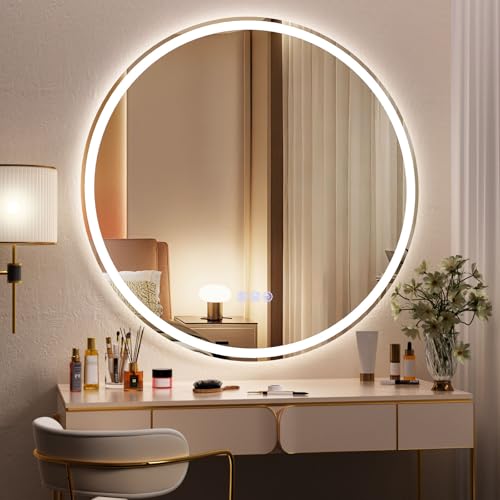 BEAUTYPEAK 30x30 LED Round Bathroom Mirror with Lights Anti-Fog Dimmable Backlit + Front Lit Lighted Bathroom Vanity Mirror for Wall 3 Colors Memory Function Tempered Glass Shatter-Proof