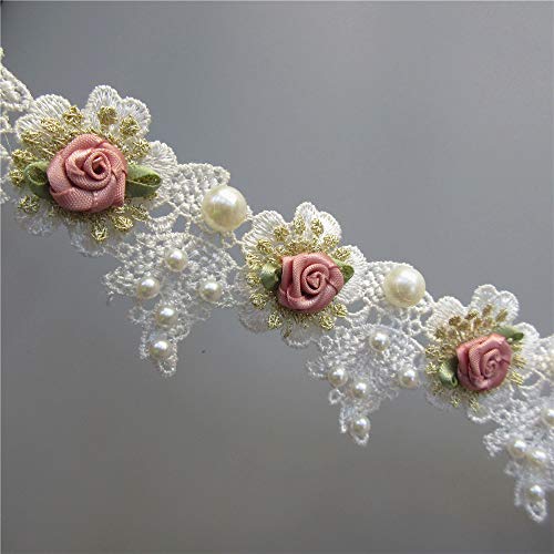 1 Yard Vintage Gold Pearl Rose Flowers Embroidered Lace Trim Fabric Floral Appliques Lace Ribbon Bridal Ornaments Handmade DIY Sewing Supplies Craft for Costume Hat Decoration 1.96" Wide