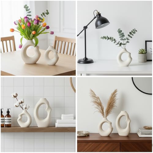 Image of Modern Abstract Ceramic Vases Set of 2 for Home Decor | Matte Finish Hollow Design Flower Vases for Living Room, Bedroom & Office | Minimalist Nordic Tabletop Decorative Vases - White