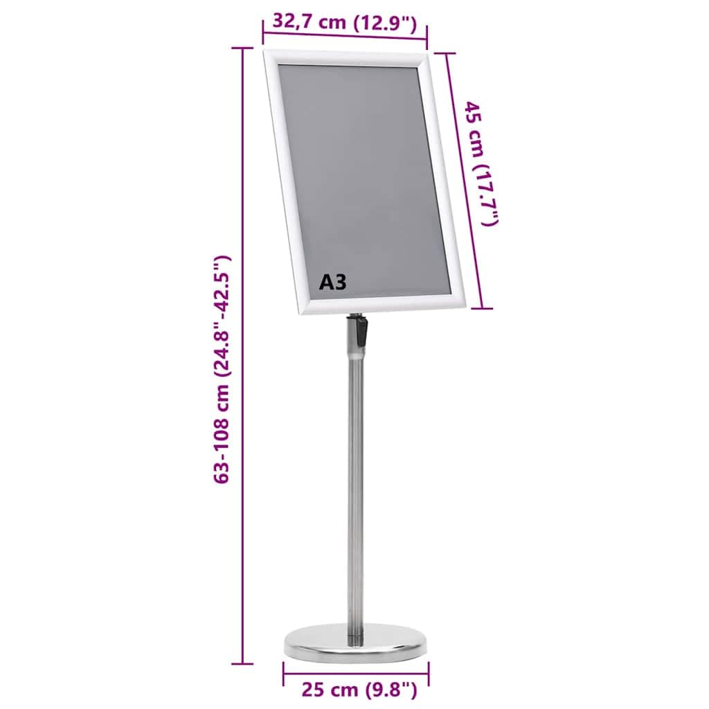 2 soportes para carteles, plateados, aluminio, 45 x 32,7 x 108 cm, altura regulable, giratorio, para presentación, interior y exterior, expositor, expositor con protección de seguridad