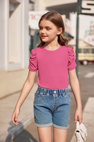 Image of Arshiner Girls Puff Short Sleeve Shirts Summer Ribbed Knit Crewneck T Shirt Tops Tee Blouse