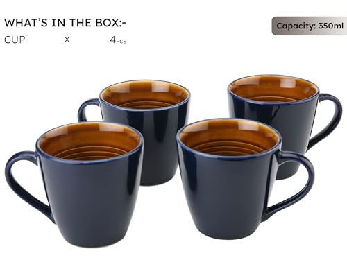 Image of Bodhi House Handcrafted Ceramic Coffee Mug Set of 4 Pieces (350 Ml), Stoneware Tea Cup, Microwave Safe Large Milk Mug, Glossy Finish, Ideal for Daily use, Casual Gatherings and Gifting, Royal Blue