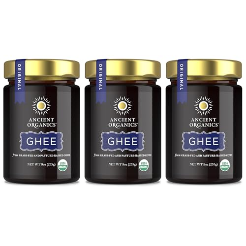 Ancient Organics Ghee - Organic Grass Fed Ghee Butter, Gluten Free, Clarified Butter, Vitamins & Omegas, Lactose Reduced, Kosher, USDA Certified - 9 Oz (Pack of 3)
