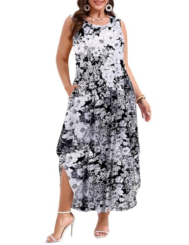 Image of JollieLovin Women Plus Size Summer Tank Maxi Dresses Sleeveless Causal V Neck Beach Long Dresses Swim Cover up (L-5X)
