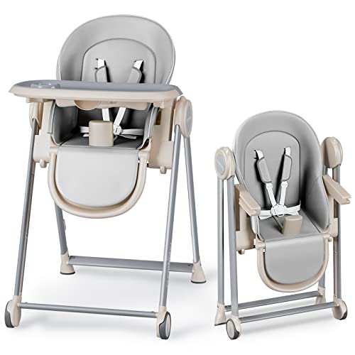 Baby High Chair for Babies and Toddlers Foldable Children’s Feeding Chairs Adjustable Food Eating Seat Highchairs for Baby Girl Boy with Reclining Backrest and Footrest, Removable Tray (Gray)