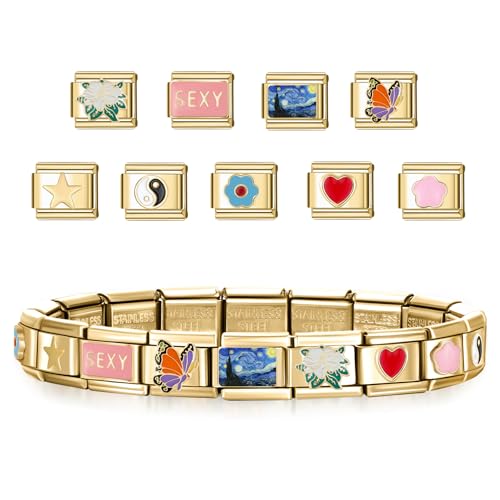 SWEETV Stainless Steel 18 Link Polish Italian Charm Bracelet with 1Pcs Starter Brascelet, 9Pcs/20Pcs Charms and Opening Tools, Classic 9mm Modular Charm, Personalized Jewelry Gift2