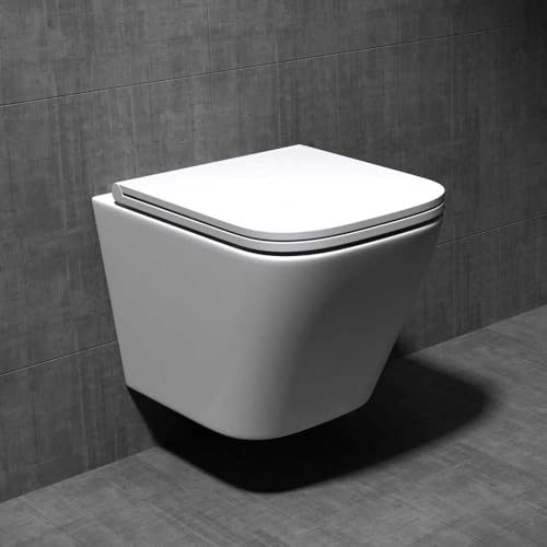 Square Wall Hung Toilet Rimless Pan - Heavy Duty Soft Close Seat