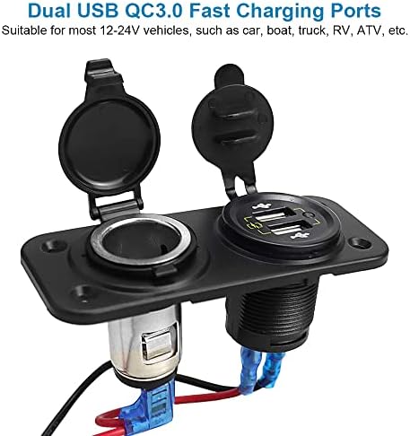 Siwinparts Dual USB Car Charger Socket Panel with 12V/24V Cigarette Lighter Socket - Quick Charge 3.0 USB Charger Car Power Outlet Socket Waterproof Cigarette Lighter Adapter for Car Boat Truck RV