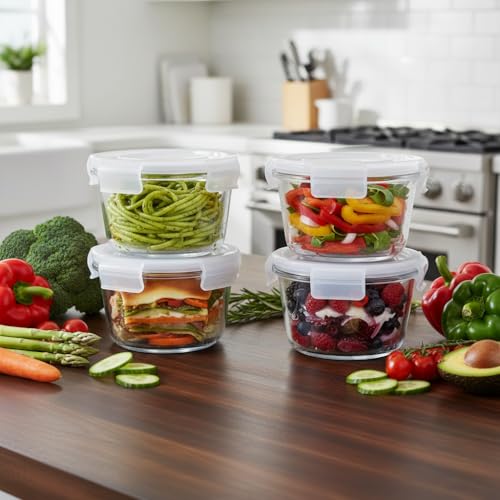 Image of H.JSS WDJS 2 Cup Round Glass Food Storage Containers with Airtight Lids,16oz Round Glass Soup Container, BPA free Small Food Storage Containers for Leftover. Microwave, Freezer, Dishwashe safe-4pack
