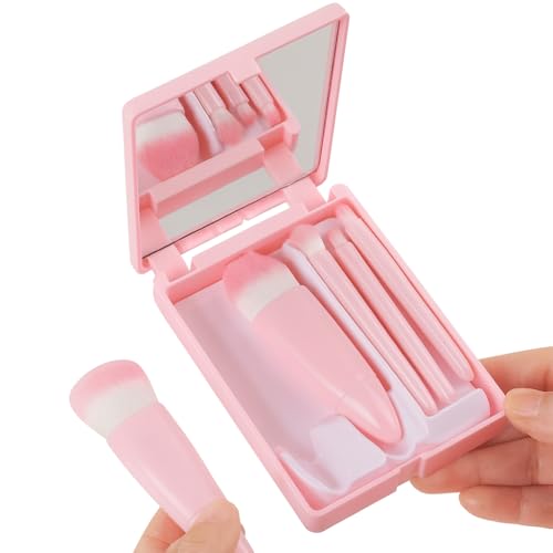 Kit de Pincéis de Maquiagem com 5 Peças Estojo Portátil com Espelho Design Compacto Para Uso Profissional e Diário (Rosa Claro)