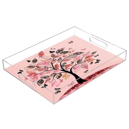 BOESI Graffiti Tree and Butterfly Pattern Acrylic Decorative Dining Tray, Acrylic Decorative Tray Organizer with Handle for Kitchen, Dining Room, Bathroom, Dresser