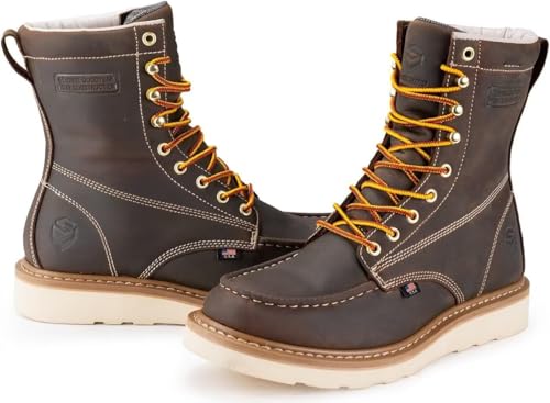 SUREWAY Mens 8 in Wedge Moc Soft/Steel Toe Work Boots for Men,Full-Grain Leather,Goodyear Welt,EH,Safety Industrial Construction Boots/Shoes for Women,Waterproof Steel Toe BROWN,Size 144