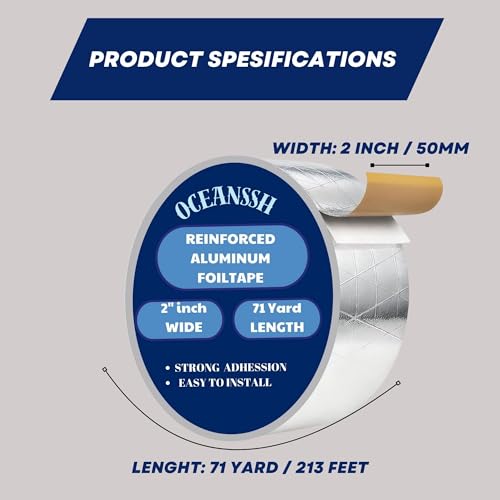 Image of Heavy Duty Reinforced Aluminum Tape - Waterproof, Heat Resistant Foil Tape for Ductwork & Insulation, Strong Adhesive, 2 inch x 71 Yards, Ideal for Sealing & Repairs (Reinforced)