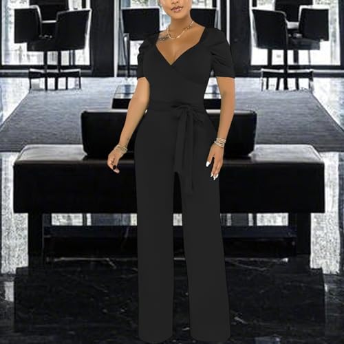 Image of PaladMom Womens Elegant Plus Size Jumpsuits Sexy Back zipper Short Sleeve Mid Waist Wide Leg Straight Rompers