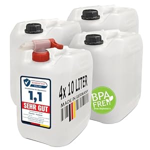 plasteo® 4 x 10L Getränke- Wasserkanister Natur + 1 Auslaufhahn | Lebensmittelecht | Hergestellt in DE | UN-Zulassung | Tragbar | Indoor und Outdoor | BPA Frei
