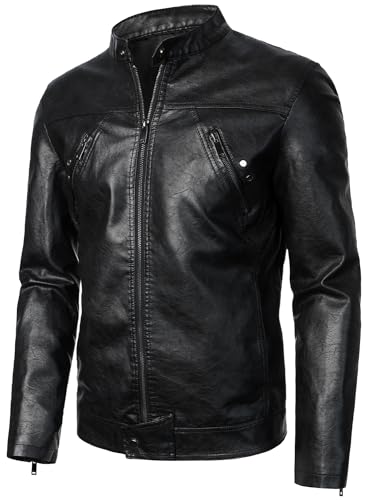 HOOD CREW Men's Faux Leather Jacket - Vintage Stand Collar Lightweight Biker Outwear