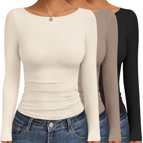 Ekouaer Long Sleeve Shirts for Women Boat Neck Tops Double Lined Fall Fashion Y2K Clothes 2025 Basic Thermal Underwear Black/Khaki/Beige XL