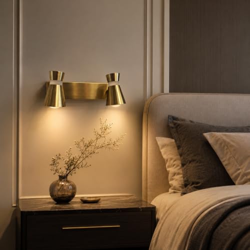 Image of TRIPPING LX397 8W 3-in-1 LED Wall Light with 2 Adjustable Heads, Golden Metal Focus Spot Lamp for Dressing Table, Mirror, Bedside and Accent Wall, 30 x 15 x 7 cm