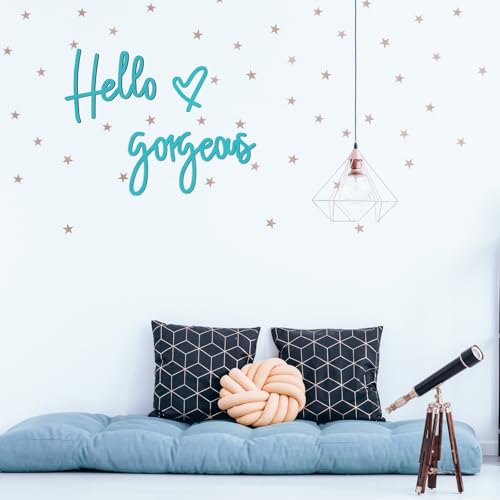 Image of Blulu Hello Gorgeous Wall Decor Sign Hello Gorgeous Wall Art Minimalist Wooden Words Decor for Lash Room, Salon, Vanity or Makeup Room, Bathroom, Bedroom, Office(Blue)